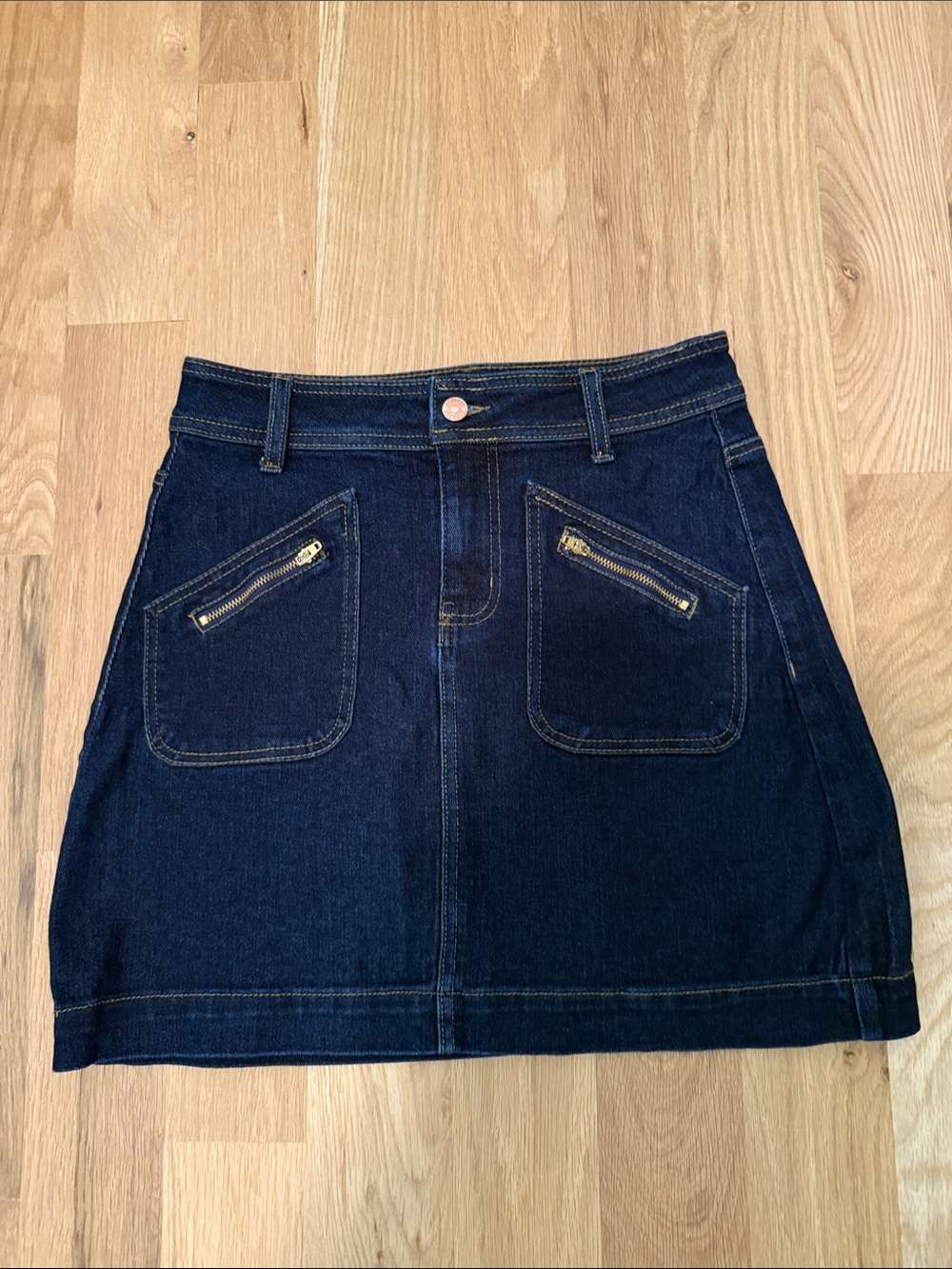 Express Dark Blue Denim Mini Skirt with Front Zip Pockets